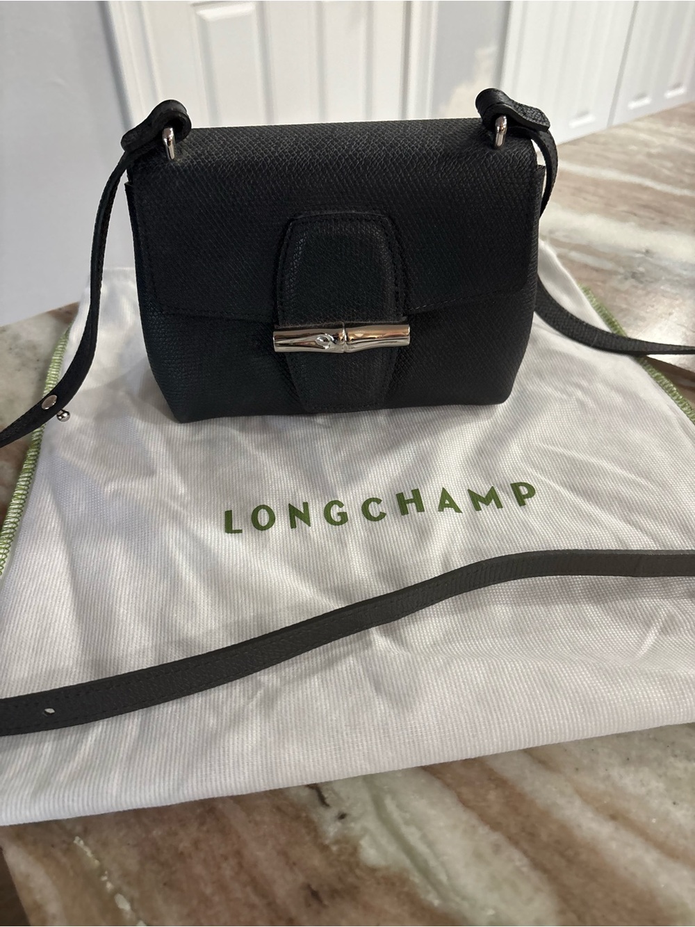 Longchamp Black Textured Leather Crossbody with Silver-Tone Clasp